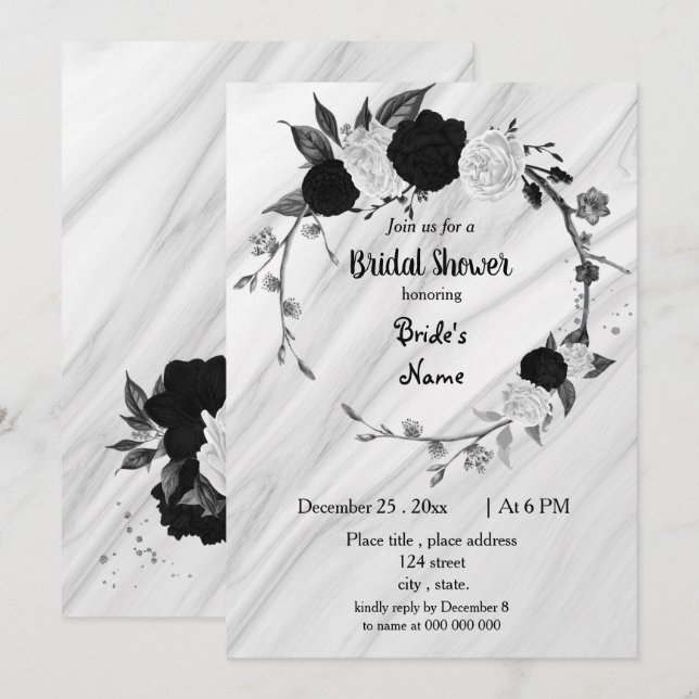 Invitation Douche nuptiale noire et blanche (Devant / Derrière)