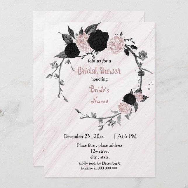 Invitation Douche nuptiale noire et rose douce (Devant / Derrière)
