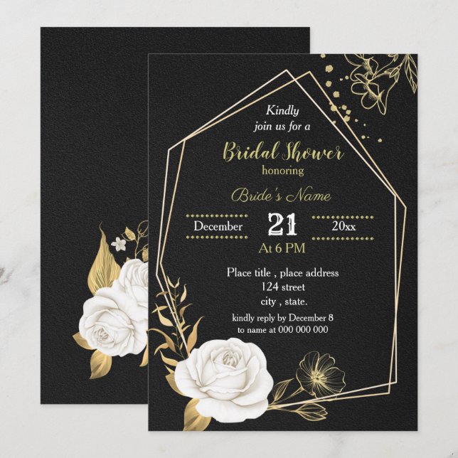 Invitation douche nuptiale noire fleurie blanche et or invita (Devant / Derrière)