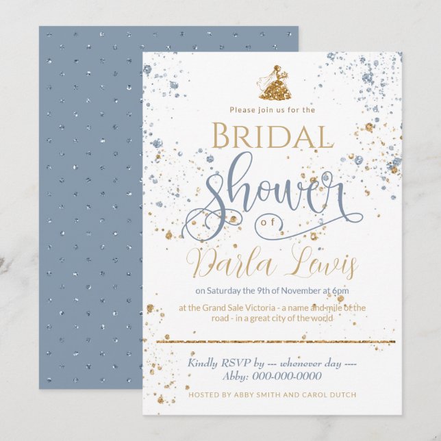 Invitation Douche nuptiale or parties scintillant_bleu poussi (Devant / Derrière)