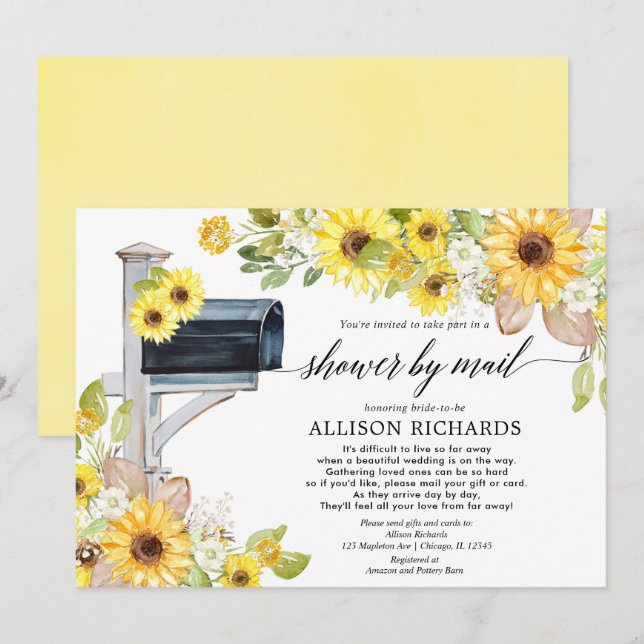 Invitation Douche nuptiale par courrier jaune tournesol blanc (Devant / Derrière)