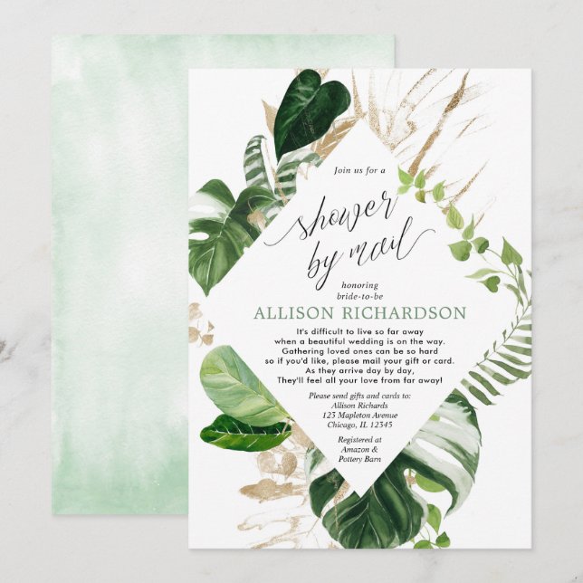 Invitation Douche nuptiale par mail tropicale or vert (Devant / Derrière)