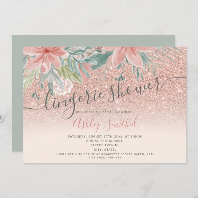 Invitation Douche nuptiale parties scintillant aquarelle flor (Devant / Derrière)