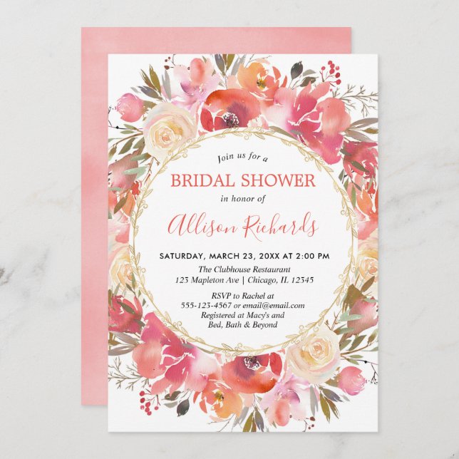 Invitation Douche nuptiale rose corail (Devant / Derrière)