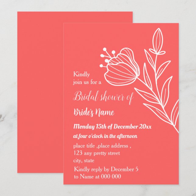 Invitation Douche nuptiale rose corail simple (Devant / Derrière)