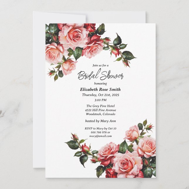 Invitation Douche nuptiale rose foncé et roses rouges (Devant)