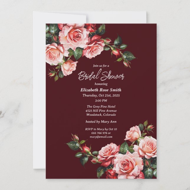 Invitation Douche nuptiale rose foncé et roses rouges (Devant)