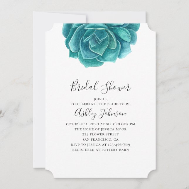 Invitation Douche nuptiale succulente aquarelle. cactus turqu (Devant)