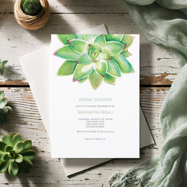 Invitation Douche nuptiale Succulente Aquarelle verte (Bridal shower invitations watercolor succulent art by Victoria Grigaliunas Do Tell A Belle)
