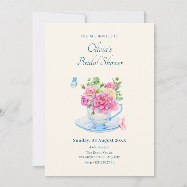 Invitation Douche nuptiale tasse de thé fleurs (Devant)