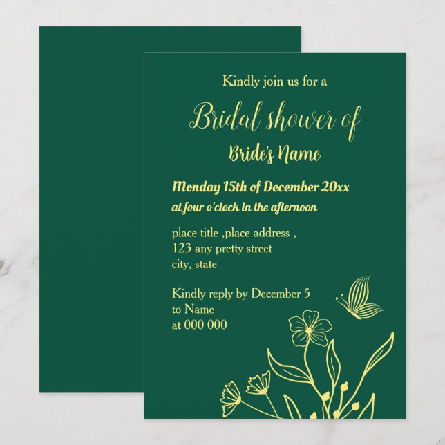 Invitation Douche nuptiale vert émeraude fleur d'or simple (Devant / Derrière)