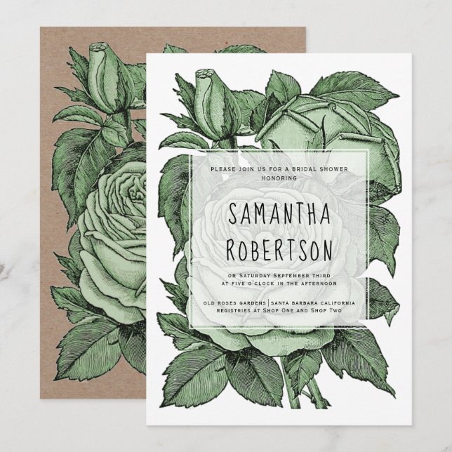 Invitation Douche nuptiale vintage rose verte antique (Devant / Derrière)