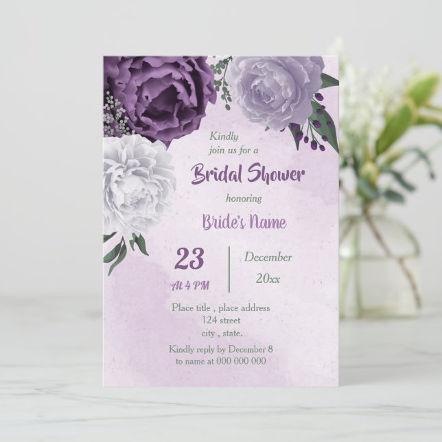 Invitation douche nuptiale violette & blanc fleurie (Debout devant)