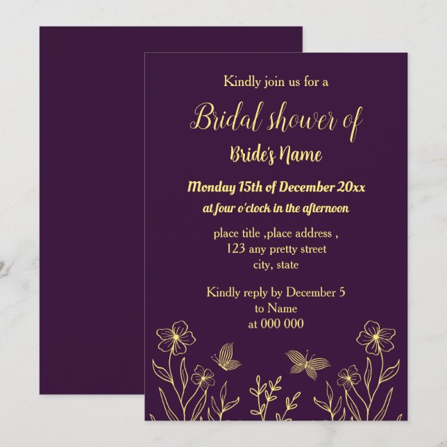 Invitation Douche nuptiale violette fleur d'or simple (Devant / Derrière)