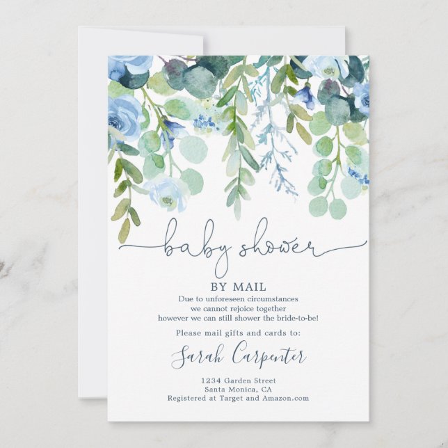 Invitation Douche par Baby shower floral bleu Mail (Devant)