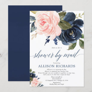 Invitation Douche par courrier baby shower bleu marine rose f