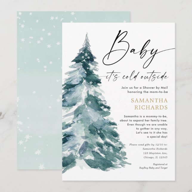 Invitation Douche par courrier baby shower d'hiver neutre pou (Devant / Derrière)