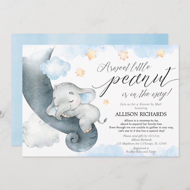 Invitation Douche par courrier bleu baby shower d'éléphant ja (Devant / Derrière)