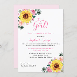 Invitation Douche Par Courrier C'Est Une Fille Tournesol Rose