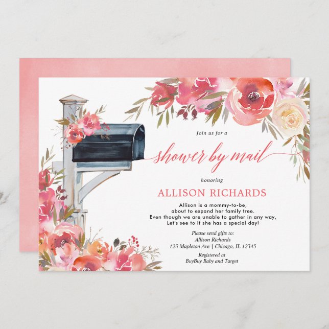 Invitation Douche par courrier corail rose floral girl baby s (Devant / Derrière)