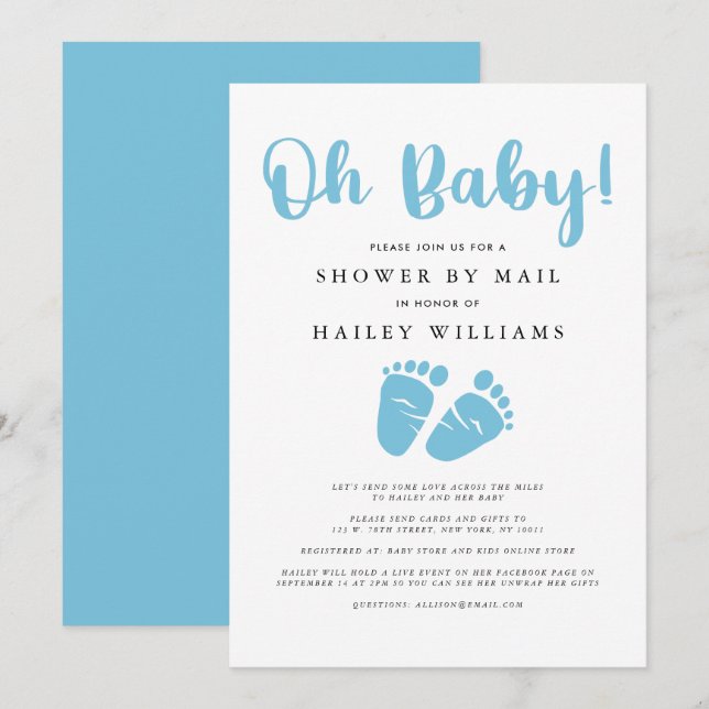 Invitation Douche par courrier | Oh Baby Boy Blue Baby Feet (Devant / Derrière)