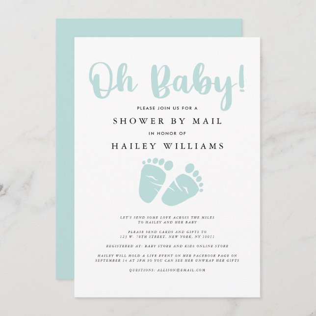 Invitation Douche par courrier | Oh Baby Mint Green Baby Feet (Devant / Derrière)