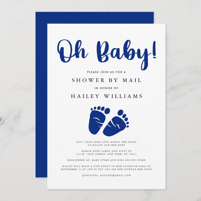 Invitation Douche par courrier| Oh Baby Mint Navy Blue Feed (Devant / Derrière)
