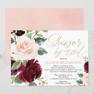 Invitation Douche par courrier or rose bordeaux floral fille