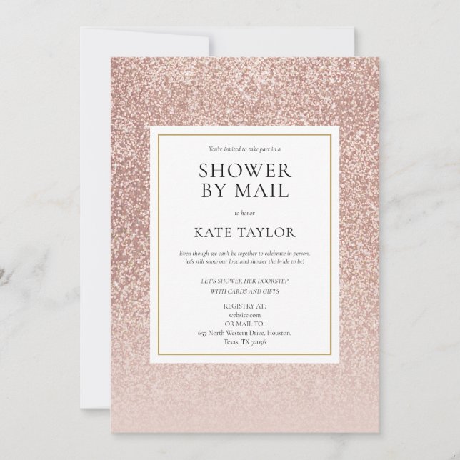 Invitation Douche par courrier Rose Gold Pailleté Longue Dist (Devant)