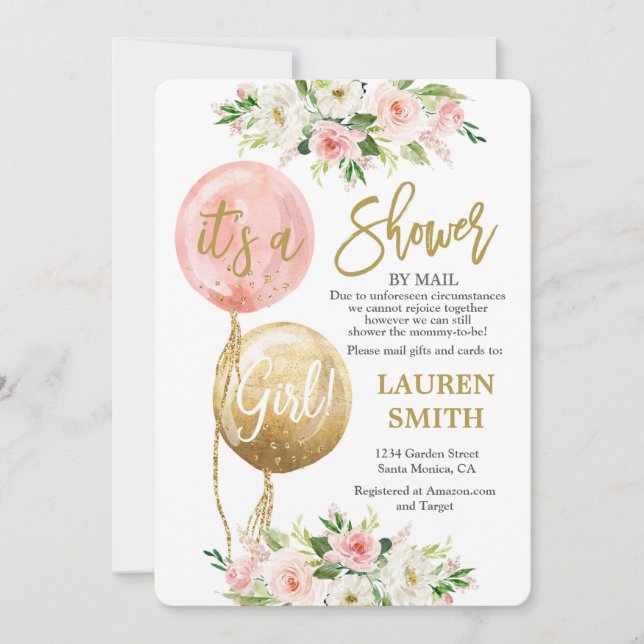 Invitation Douche par le courrier ballon baby shower fille (Devant)