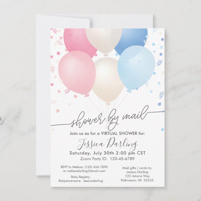 Invitation Douche par Mail Balloons et Confetti rose et bleu (Devant)