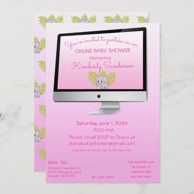 Invitation Douche Par Mail Bébé Fille Rose en ligne (Devant / Derrière)