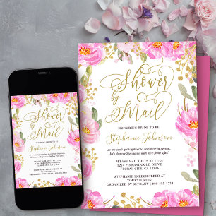 Invitation Douche par Mail Calligraphie rose et or Floral
