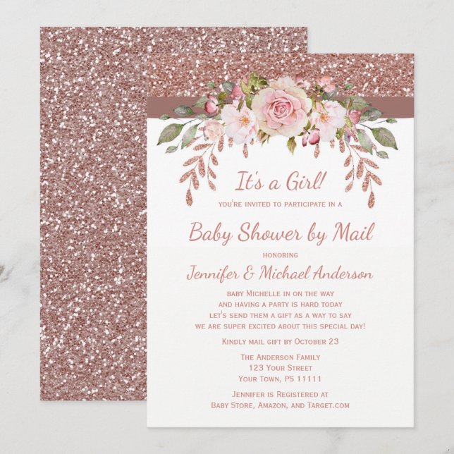 Invitation Douche par Mail Rose Rose Rose Parties scintillant (Devant / Derrière)