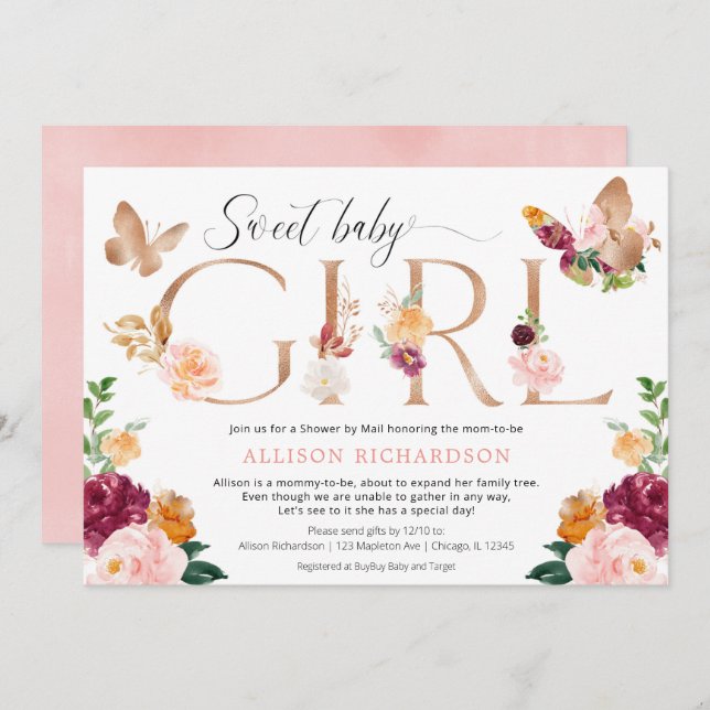 Invitation Douche par papillon postal baby shower floral girl (Devant / Derrière)