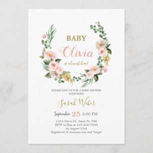Invitation Douche pour bébé à couronne de fleurs roses