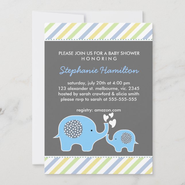 Invitation Douche pour bébé à rayures d'éléphant sur mesure (Devant)