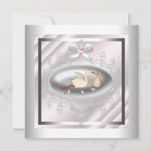 Invitation Douche pour bébé en soie et en cigogne rose