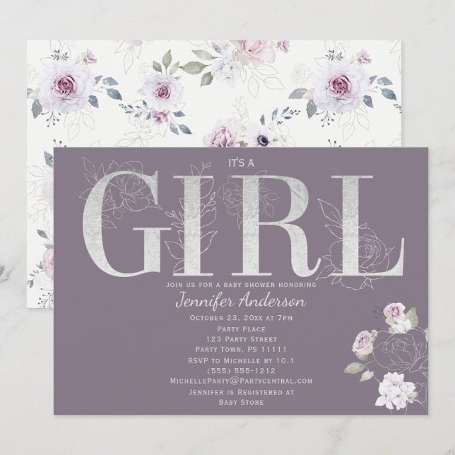 Invitation Douche pour bébé Rose d'argent violet (Devant / Derrière)