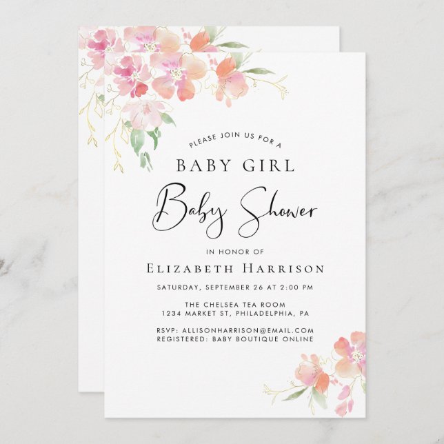 Invitation Douche pour bébé rose floral avec option virtuelle (Devant / Derrière)