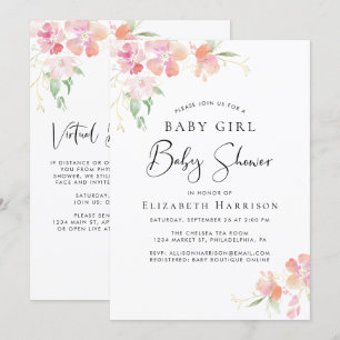 Invitation Douche pour bébé rose floral avec option virtuelle