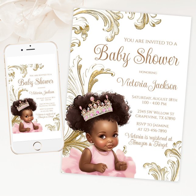 Invitation Douche pour bébé rose or noir (Pink gold African princess baby shower invitation. Available for instant download and print.)