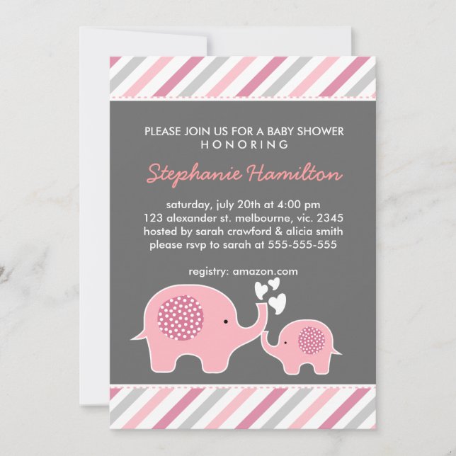 Invitation Douche pour bébés à rayures d'éléphant sur mesure (Devant)