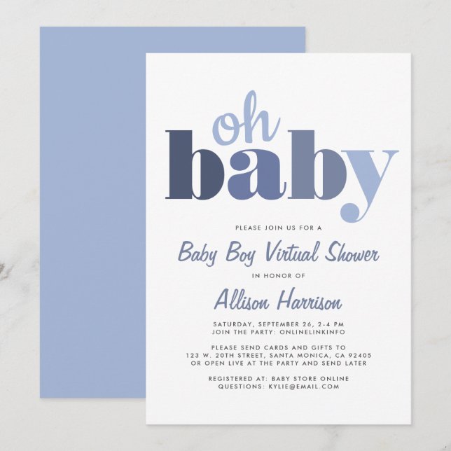 Invitation Douche pour bébés virtuelle Oh Baby Blue (Devant / Derrière)