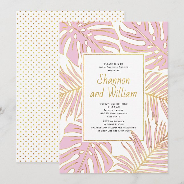 Invitation Douche pour couple feuilles tropicaux roses (Devant / Derrière)
