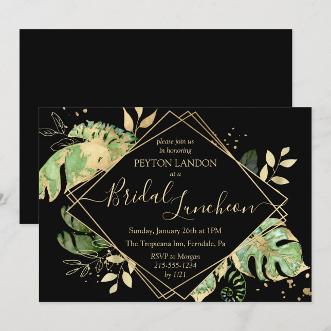Invitation Douche pour déjeuner nuptiale Tropical Black & Gol (Devant / Derrière)