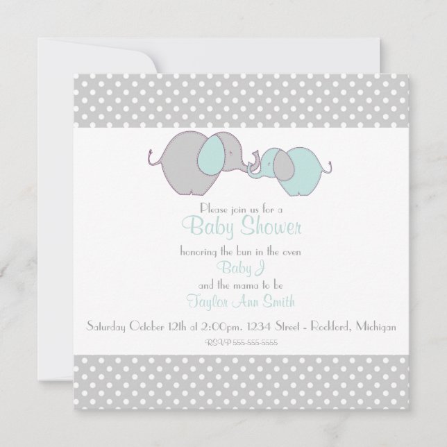 Invitation Douche pour éléphant gris et bleu Mama & Baby (Devant)