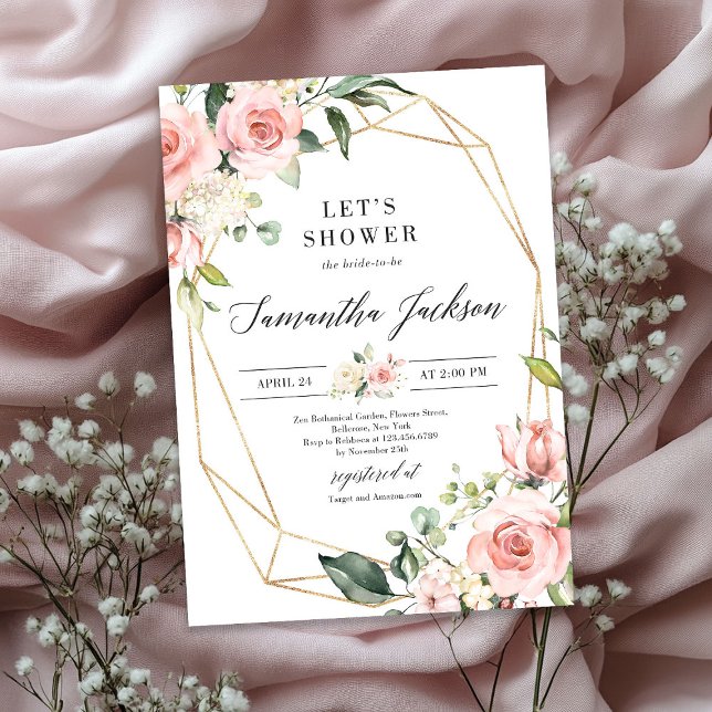 Invitation Douche pour mariée à Parties scintillant rose et o (Blush Pink Floral and Gold Glitter bridal shower Invitation)