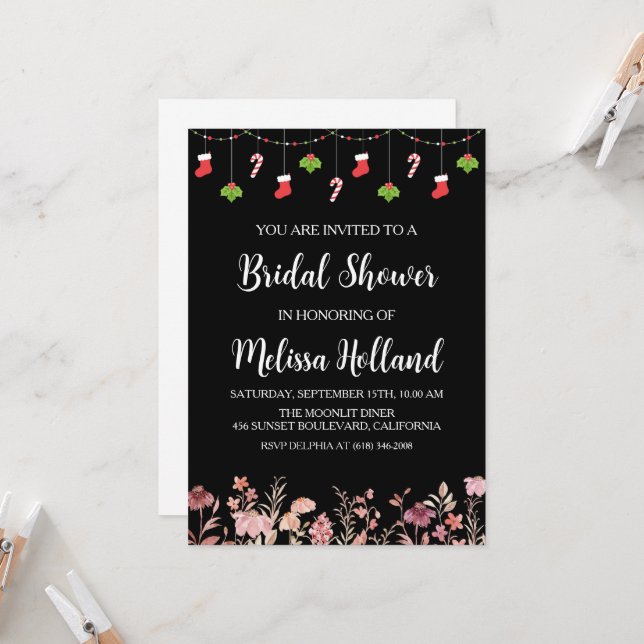 Invitation Douche pour mariée d'hiver des fleurs sauvages lun (Devant/Arrière en situation)