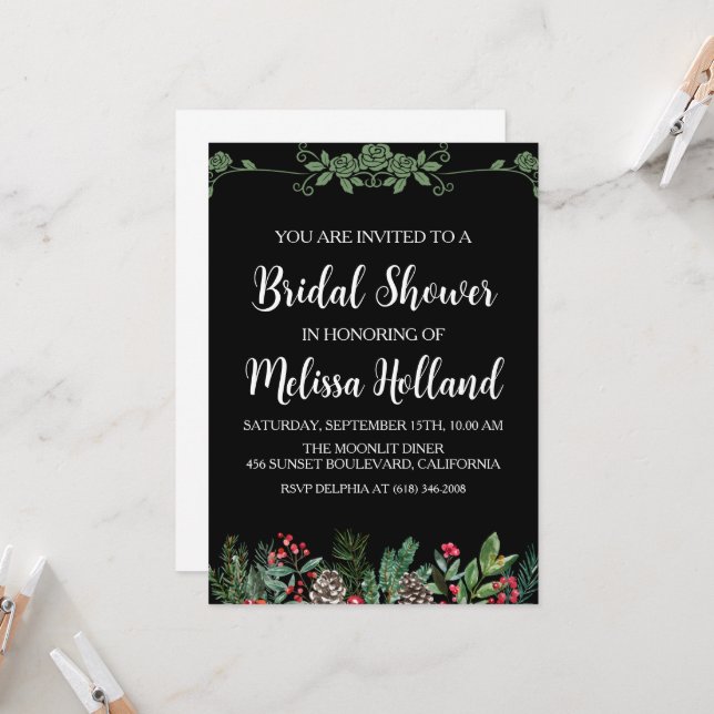 Invitation Douche pour mariée d'hiver des fleurs sauvages lun (Devant/Arrière en situation)